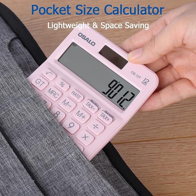 Pocket Small Size Desk Calculator, 12 Digit Large LCD Display, Basic Tax Function Handheld Desktop Calculator with Solar Battery Dual Power, Perfect for Office, School, Business OS-12T (Pink)-DeskLoop Office