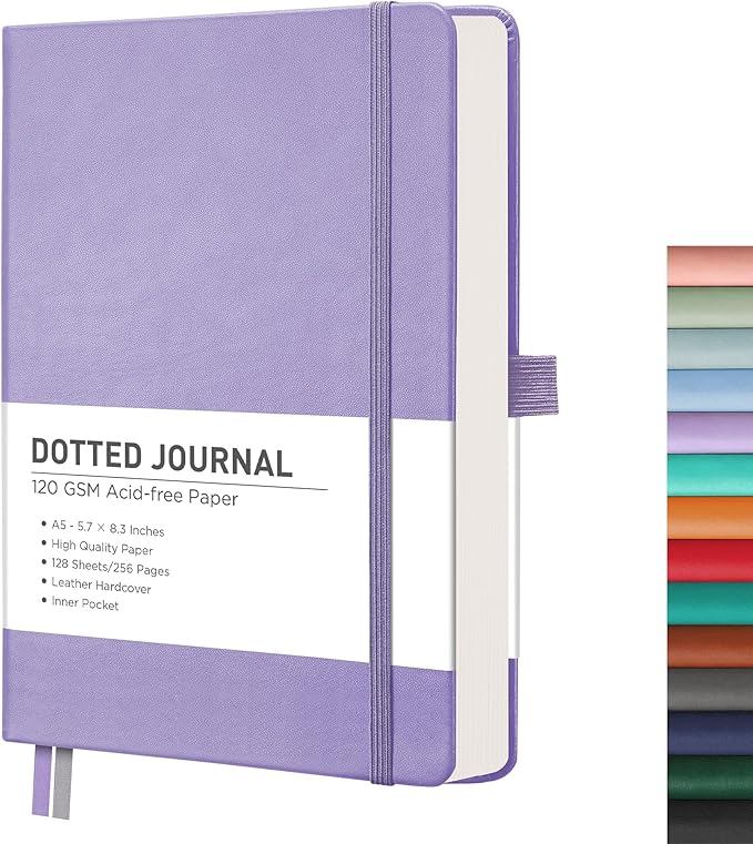 RETTACY Bullet Dotted Journal Notebook, 256 Pages, A5 Medium Size (5.7'' × 8.3''), Leather Hardcover, 120 GSM Thick Paper, for Bullet Journaling, Planning, Tracking (Purple)-DeskLoop Office