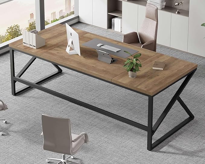 HSH Extra Large Home Office Desk, Rustic Wood and Metal Computer Desk for 2 People, 78 Inch Long Executive Writing Study Gaming Double Desk Workstation, Bedroom Living Room PC Table for 2 Monitors-DeskLoop Office