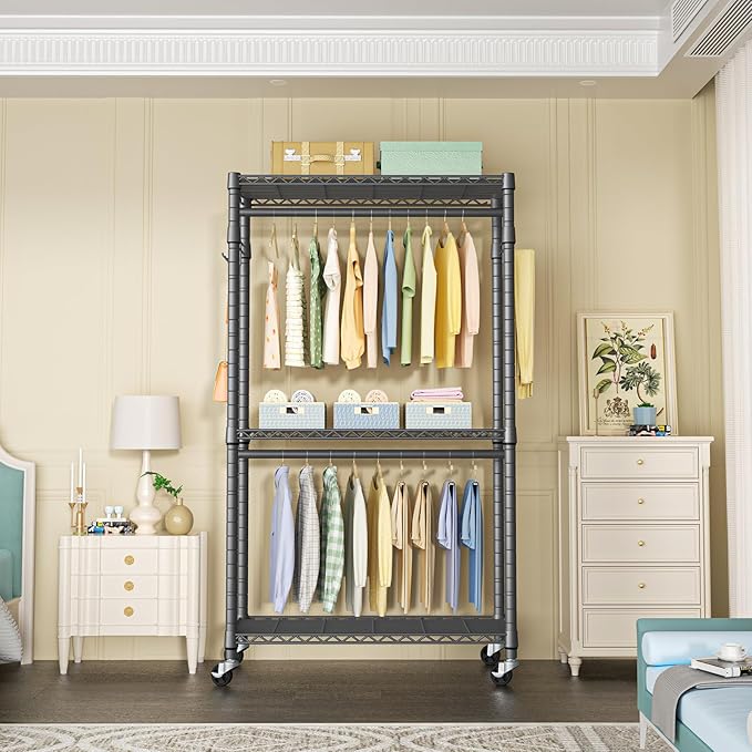 P1 Heavy Duty Garment Rack, 3 Tiers Adjustable Rolling Metal Closet Organizer with Lockable Wheels, FreeStanding Wardrobe with Double Hanger Rods & 1 Pair Hooks, Max Load 450 LBS, Gray-DeskLoop Office