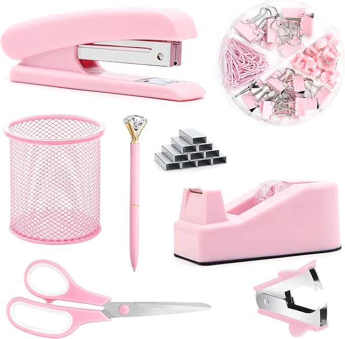 Pink Office Supplies, Staple Remover, Tape Holder, Pen Holder, Ballpoint Pen by Famassi