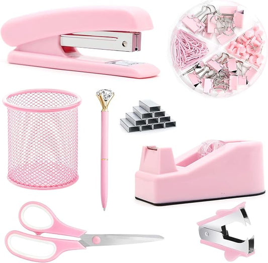 Pink Office Supplies, Staple Remover, Tape Holder, Pen Holder, Ballpoint Pen by Famassi