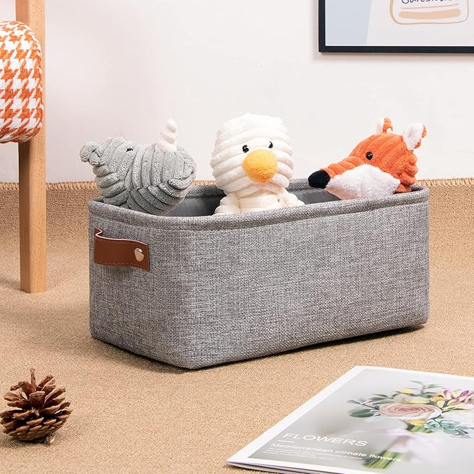 DULLEMELO Small Storage Baskets 11.8"x7.9"x5.1", Fabric Storage Bins for Shelves,Closets,Nursery,Home,Office [3 Pack], Collapsible Storage Baskets with Leather Handles (Gray)-DeskLoop Office