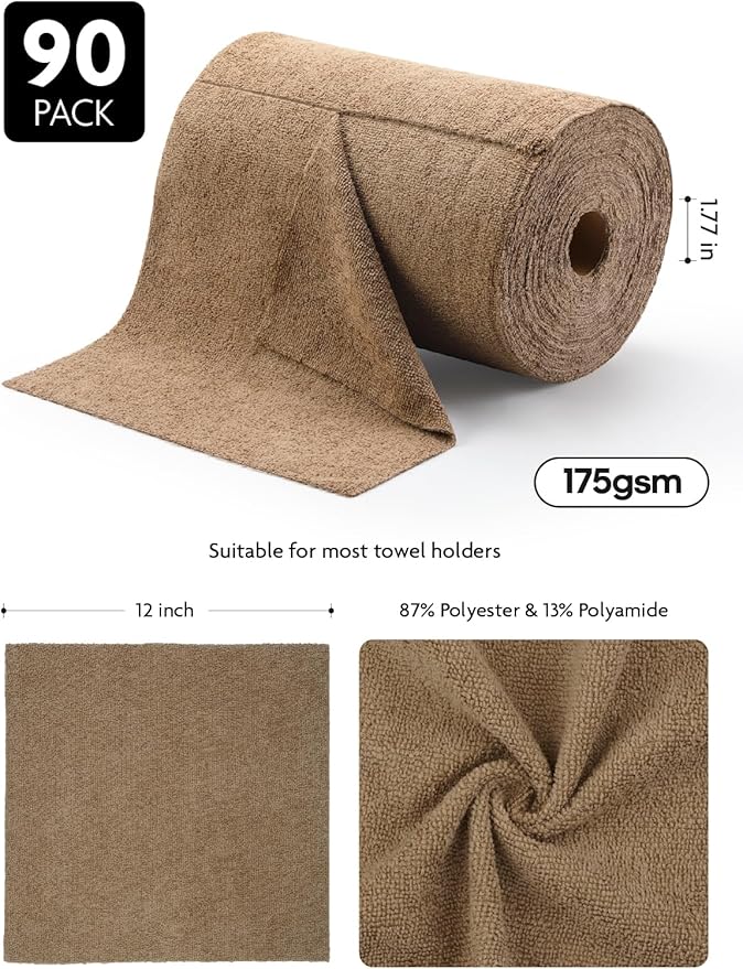 Fantasticlean Microfiber Cleaning Cloth Roll -90 Pack, Tear Away Microfiber Towels, 12" x 12", Reusable, Washable, Scratch Free, Ultra Absorbent Dish Rags for Car, Home, Garage or Shop (Tan)-DeskLoop Office