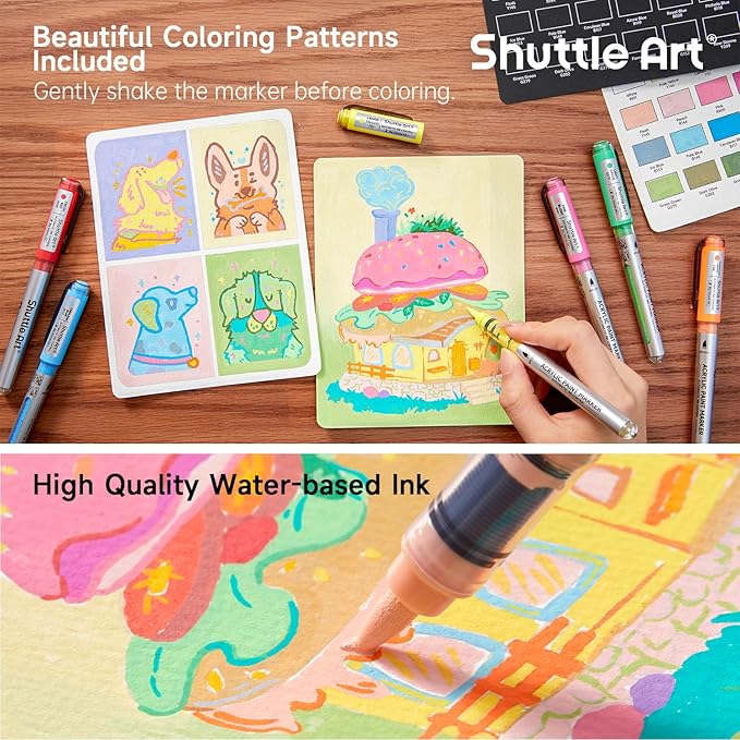 Shuttle Art Automatic Ink Control Acrylic Paint Markers, 48 Colors Brush Tip Acrylic Paint Pens for Rock Painting, Ceramic, Wood, Canvas, Glass, Stone, Fabric, Card Making, DIY & Art Supplies-DeskLoop Office