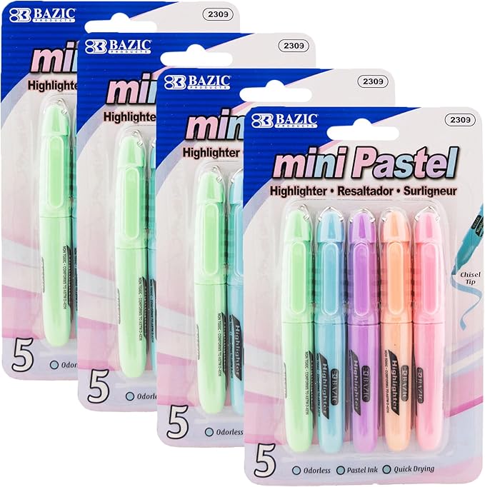 BAZIC PRODUCTS Mini Pastel Highlighters, Chisel Tip, cap clip, non-toxic ink by BAZICProducts