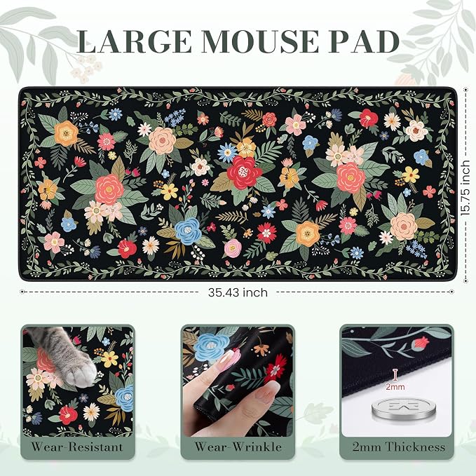 iCasso Floral Desk Mat for Keyboard and Mouse, Cute Gaming Mouse Pad XXL - Image 3
