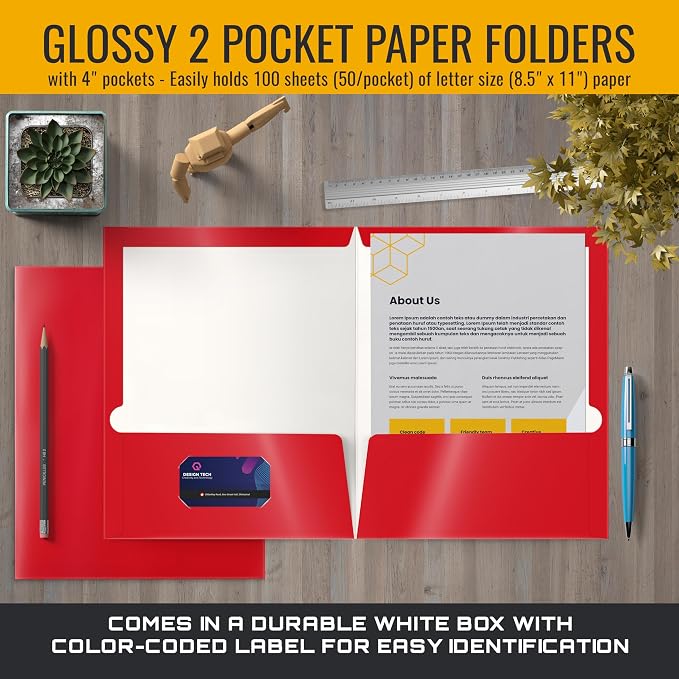 Better Office Products 2 Pocket Glossy Laminated RED Paper Folders, Letter Size - Image 4
