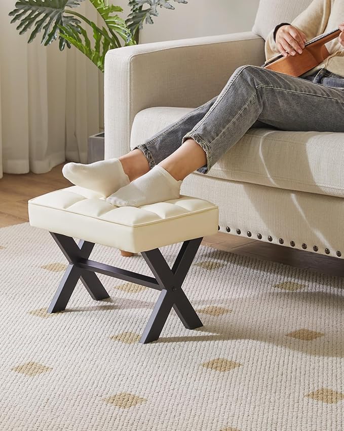 IBUYKE Small 12" H Footrest Stool, Square PU Foot Stool with Metal X-Leg, Multi-Use as Small Side Table, Step Stool for Living Room, Bedroom, Entryway, Office, White WBD012W-DeskLoop Office
