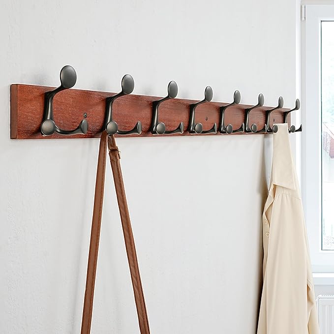 SKOLOO 43-Inch Cherry Wood Coat Rack Wall Mount with 8 Triple Hooks - Ideal for Family Entrances, Classrooms, and Pet Supplies Storage - Perfect Coat Hooks for Wall-DeskLoop Office