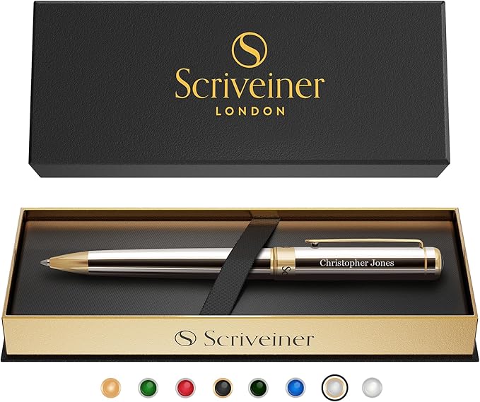 Scriveiner Personalized Silver Chrome Ballpoint Pen - Stunning Luxury Pen, Real Gold Plating, Schmidt Ink Refill, Best Engraved Ball Point Gift Set for Men & Women, Custom Name Engraving-DeskLoop Office