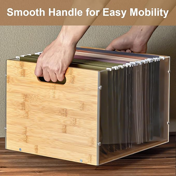 Sbanmao Clear Acrylic File Box Organizer, Bamboo Hanging Folder Storage Boxes - Image 6