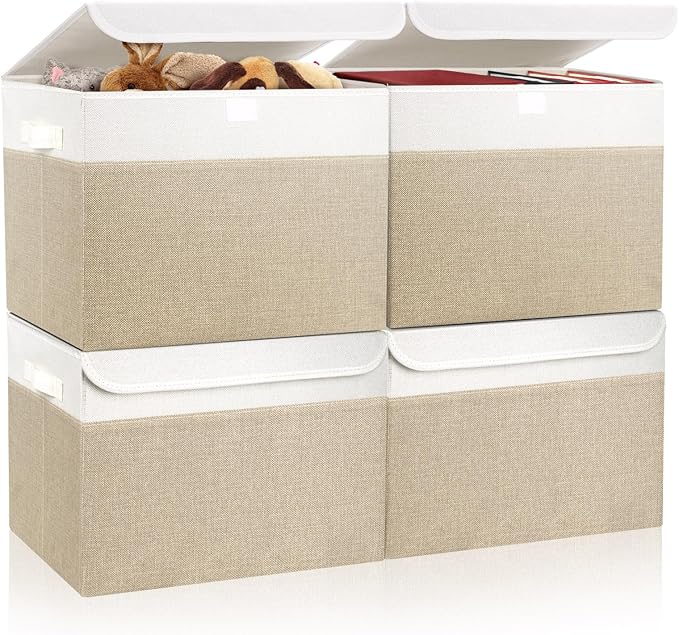 Large 22 Quart Linen Fabric Foldable Storage Bin Cube Organizer Basket with Flip-Top Lid & Handles, Clothes Blanket Box for Home, Office, Closet, Beige & White, 4 Pack 14.6 x 9.5 x 9.5”-DeskLoop Office