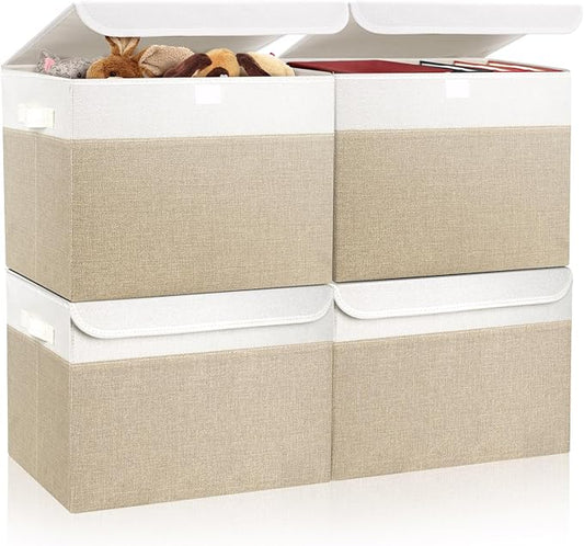 Large 22 Quart Linen Fabric Foldable Storage Bin Cube Organizer Basket with Flip-Top Lid & Handles, Clothes Blanket Box for Home, Office, Closet, Beige & White, 4 Pack 14.6 x 9.5 x 9.5”-DeskLoop Office