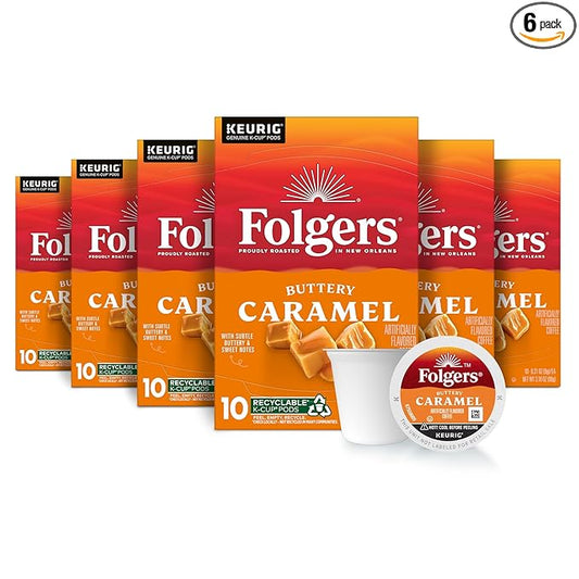 Folgers Buttery Caramel Artificially Flavored Coffee, Keurig K-Cup Pods, 10 Count Box (Pack of 6)-DeskLoop Office