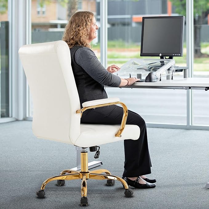 Office Desk Chair,Modern Leather Conference Room Chairs,High Back Home ofiice Chair,Adjustable Height Swivel Executive Computer Chair with Padded Seat and Armrest (White with Gold Frame)-DeskLoop Office
