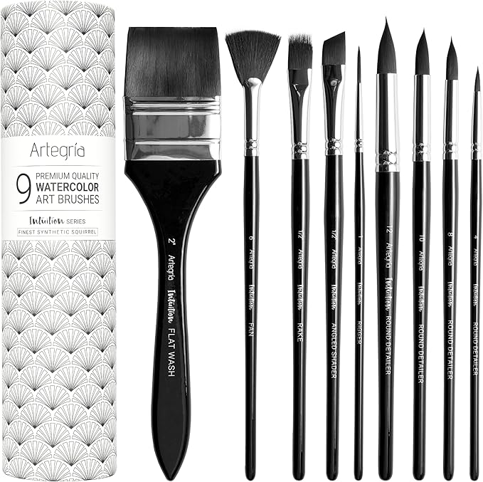 ARTEGRIA Watercolor Brush Set, 9 Professional Soft Synthetic Squirrel Paint Brushes, Including Round Detailers, Flat Wash, Rigger, Rake, Fan, Angled Shader-DeskLoop Office