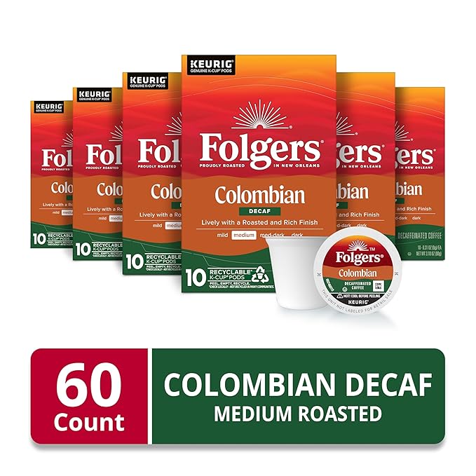 Folgers Colombian Decaf Coffee, Medium Roast, Keurig K-Cup pods, 10 Count Box (Pack of 6)-DeskLoop Office