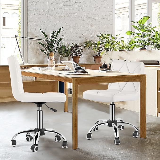 COSVALVE Armless Desk Chair, Mid Back Swivel Office Chair, Adjustable Executive Conference Task Chair with Rolling Wheels and Diamond Pattern, for Home Computer Barber, White