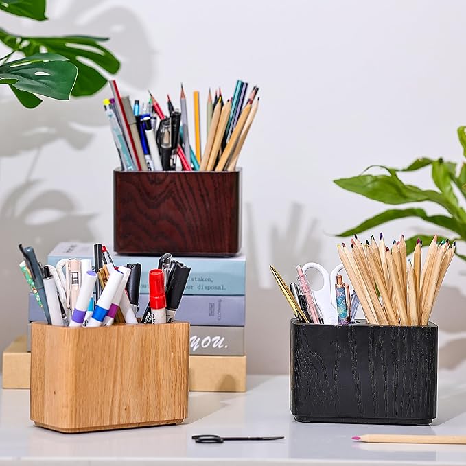 Oak Solid Wood Pen &Pencil Holder for Desk, Office Stationery Organizer, Table Pencil Cup Stand,Desk Accessories Holder, Two Cups Practical Design. (Char Black)-DeskLoop Office