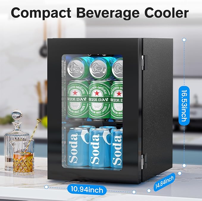 24 Cans Beverage Refrigerator Cooler, Mini Fridge Countertop Drink Cooler for Soda, Canned Beer, Adjustable Digital Temperature Control for Home Dorm Office, Black-DeskLoop Office
