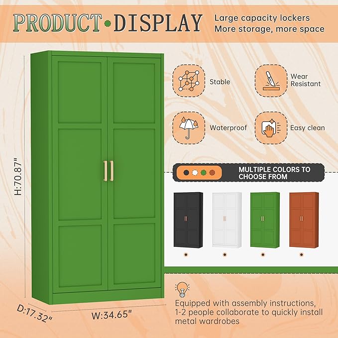Greenvelly Metal Wardrobe Cabinet with Wooden Handle, 72" Metal Wardrobe Closet with Hanging Rods and Adjustable Shelves, Clothing Storage Closet Cabinet for Home, Office, Employee, Gym (Green)-DeskLoop Office