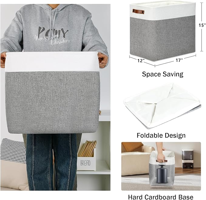 DULLEMELO Storage Baskets 17 inch Large Basket for Blanket Living Room, Foldable Storage Bins Baskets for Organizing [3 Pack] Blanket Storage Baskets Organizer for Home,Office,Closet(White&Grey)-DeskLoop Office