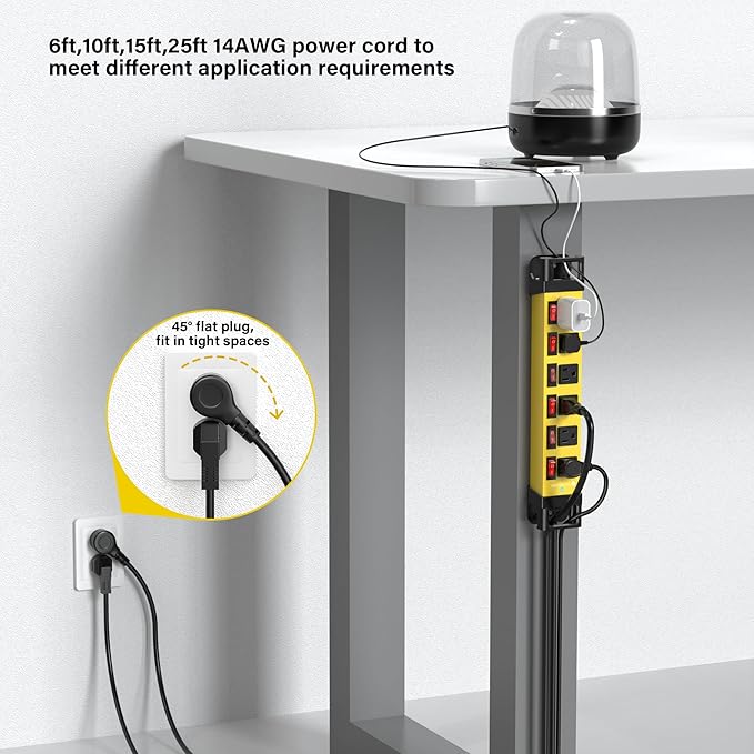 Heavy Duty Power Strip - 6 Outlet Power Strip with 6 Individual Switches Cord Manager Surge Protector 1200J Home Office Garage Industrial Workshop-DeskLoop Office