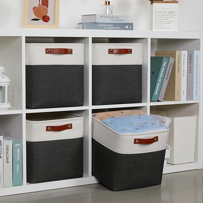 DULLEMELO Set Of 4 Cube Storage Bins, Fabric Storage Basket for Shelves Closet Nursery Toy Storage, 12 Inch Collapsible Fabric Bins for Toy Book Magazine Towel Organizers(4 Pack - 12" White&Black)-DeskLoop Office
