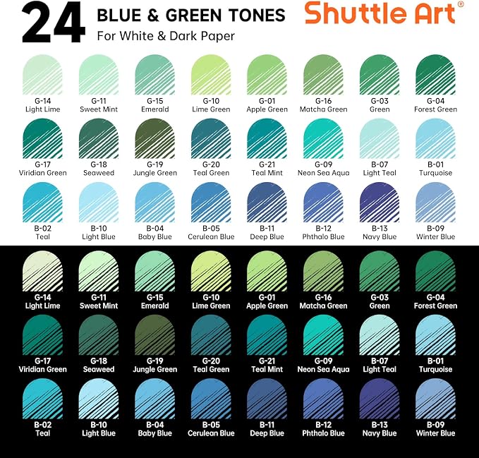 Shuttle Art Colored Pens, 24 Blue & Green Tone Colors Cute Journal Pens 0.6mm - Image 2