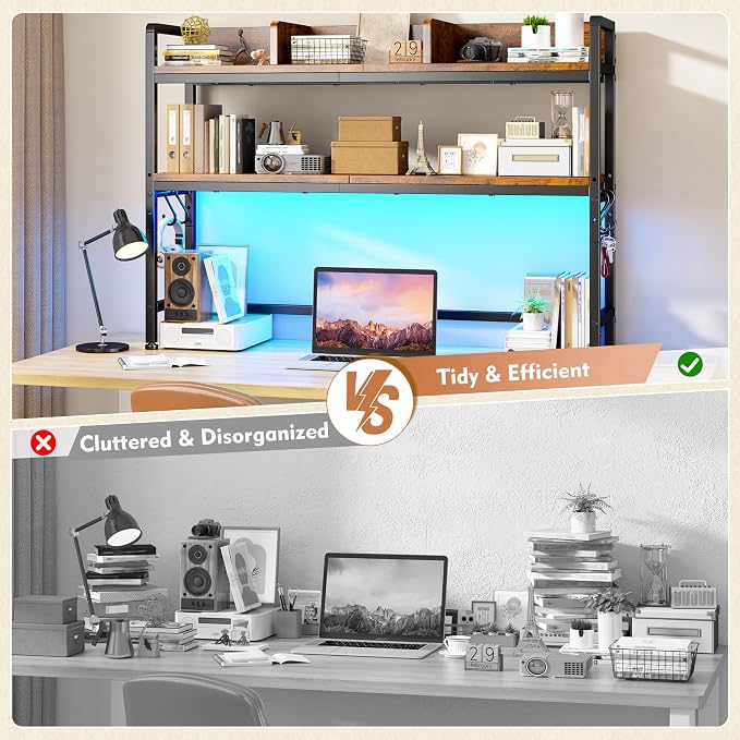 REIBII 45.2" Desk Shelf with LED Lights and Hooks, 2-Tier Adjustable - Image 6