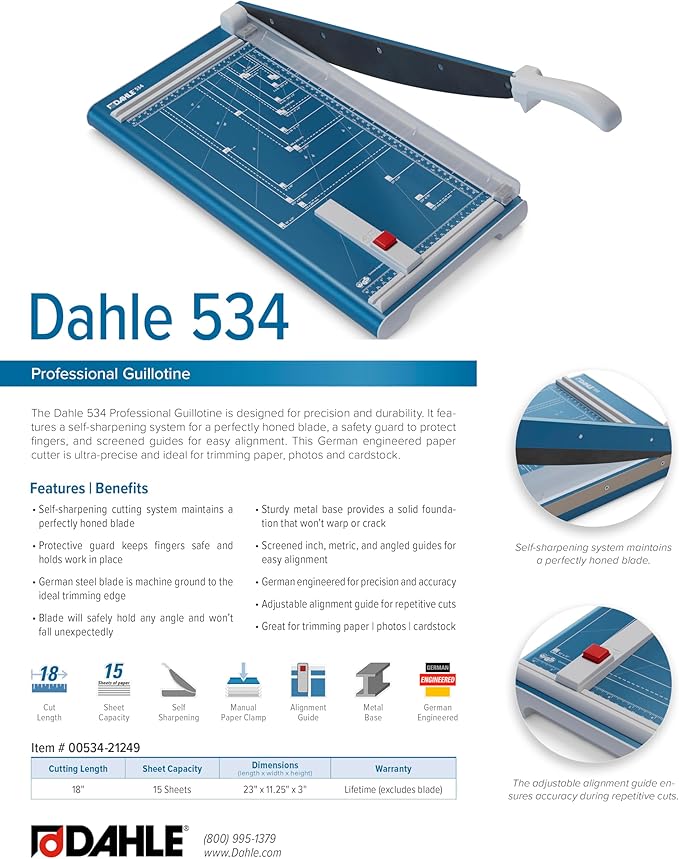 Dahle 534 Professional Guillotine Trimmer, 18" Cut Length, 15 Sheet Capacity, Self-Sharpening, Manual Clamp, German Engineered Paper Cutter-DeskLoop Office