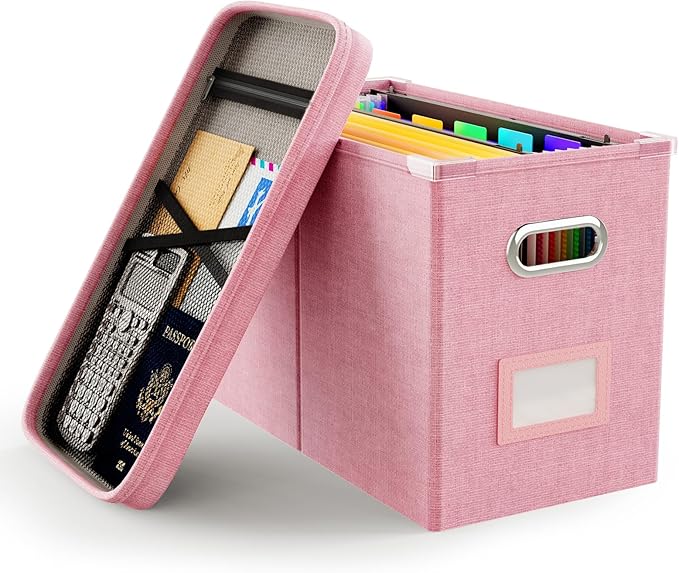 Oterri File Organizer Box with Lid, Hanging Filing File Box with Mesh Pocket, Document Organizer Box for Letter Files, Portable Storage Box with Smooth Sliding Rail for Office&Home (1 PCS, Pink)-DeskLoop Office