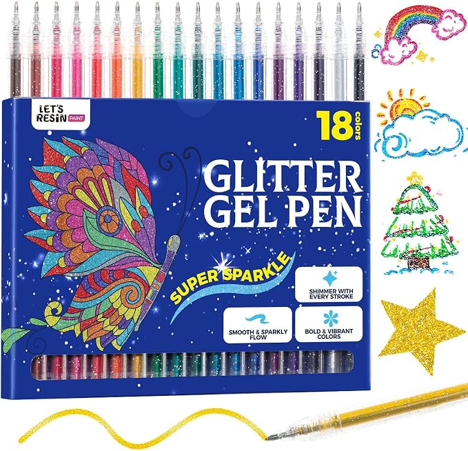 LET'S RESIN PAINT Glitter Gel Pens, 18 Vibrant Colors Sparkle Gel Pen, by LETSRESIN
