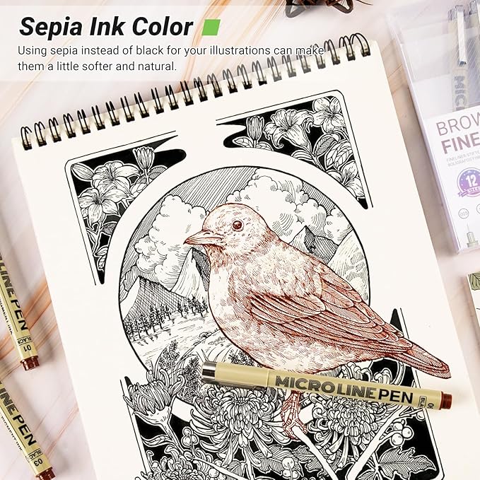 KERIFI Sepia Micro Pen Set, 12 Assorted Sizes Fineliner Ink Art Drawing Pens, Water-Resistant Archival Ink Multiliner Pens for Illustration Technical Sketching Manga Scrapbooking Journaling Zentangle-DeskLoop Office
