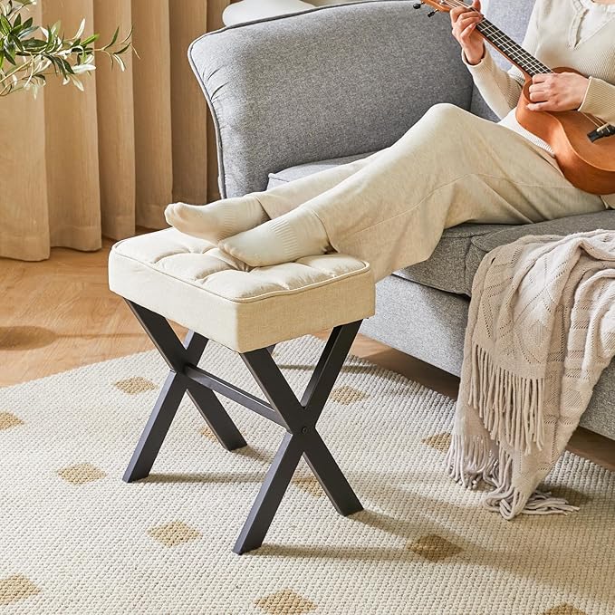 IBUYKE Square Makeup Stool with X-Leg Foot Rest, Linen Footrest, Ottoman Seat, Multi-Use as Small Side Table, for Bedroom, Living Room, Linen LG-70Y-DeskLoop Office