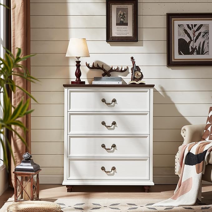Farmhouse 4 Drawer Dresser for Bedroom, 37" Tall Rustic Chests of Drawers w/ 4 Solid Wood Feet, Mid Century Modern Wooden Closet Storage Dressers Organizer for Living Room, Hallway, White-DeskLoop Office