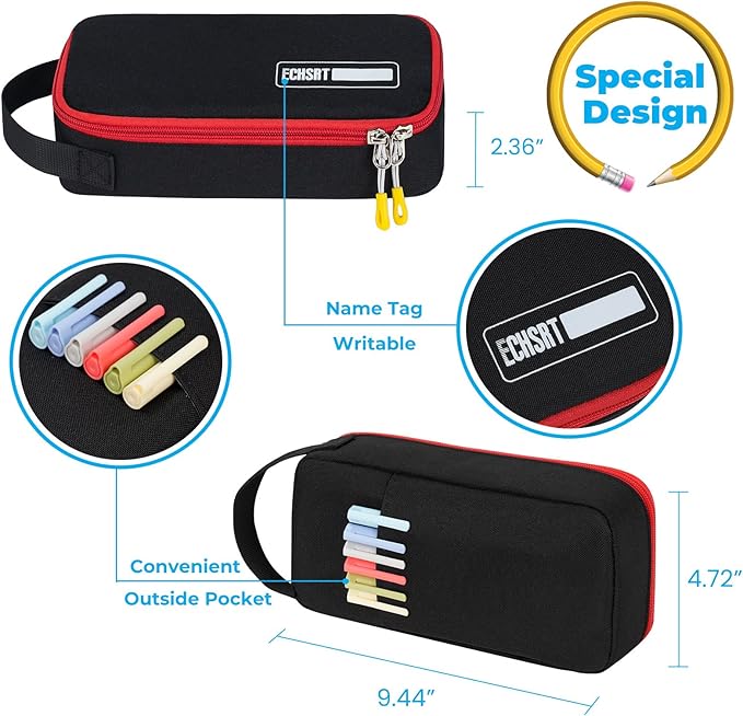 ECHSRT Big Pencil Case, Aesthetic Portable Zipper Pencil Bag with Hidden Pocket, Special Pouch for Men Women Adults, Stationery Organizer Pen Cases for Office Travel,Black-DeskLoop Office