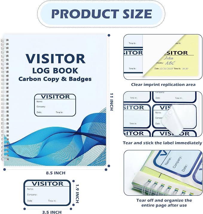 3 Pack Visitor Badges with Carbon Copy Visitor Stickers Letter Size Visitor Log - Image 2