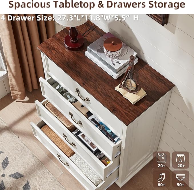 Farmhouse 4 Drawer Dresser Set of 2 for Bedroom, 37" Tall Rustic Chests of Drawers w/ 4 Solid Wood Feet, Mid Century Vintage Wooden Closet Storage Dressers Organizer for Living Room, White-DeskLoop Office