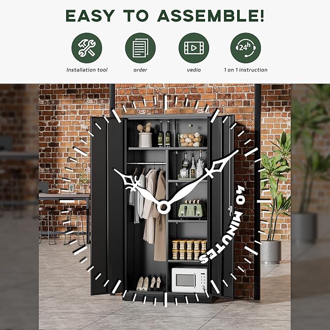 Greenvelly Metal Wardrobe Cabinet with Locking Doors, 72"H Black Metal Wardrobe Closet with Hanging Rods and Adjustable Shelves, Clothing Storage Closet for Home, Office, Employee, Gym (16" D x 32" W)-DeskLoop Office