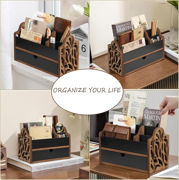 Desk Organizer with Drawer Wood File Office Mail Organizer Countertop-5 Slot - Image 6