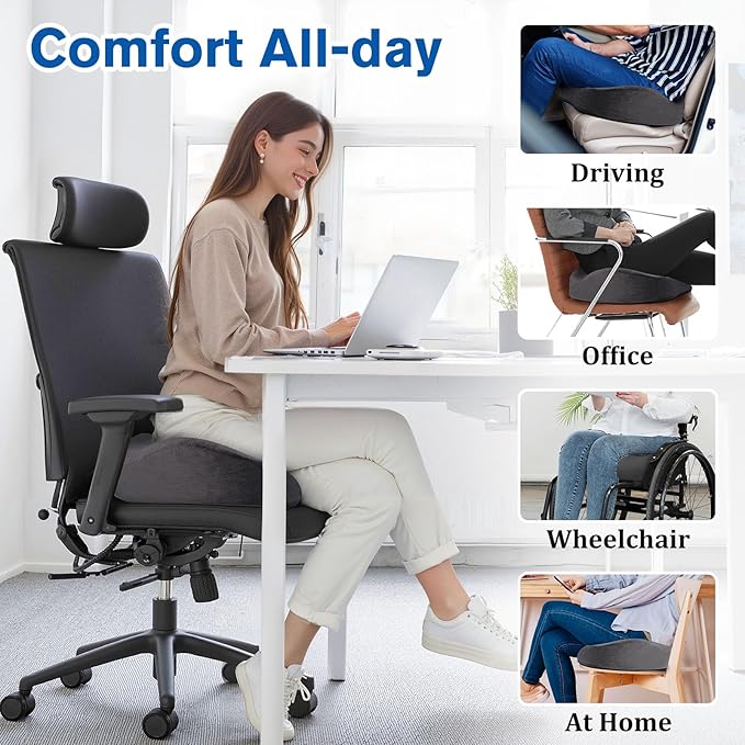 Seat Cushion, Gel Chair Cushions, Office Chair Cushions, Anti-Slip Bottom & Removable Cover Tailbone Pain Relief Cushion, Memory Foam Seat Cushion, 5.28 in Thick (Grey)-DeskLoop Office