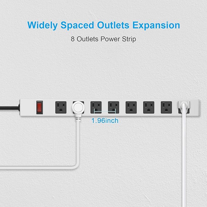 JUNNUJ Metal 8 Outlet Power Strip, Mountable Heavy Duty Power Strip, 1200J Surge Protector Wall Mount Screws Outlet with Switch, Gaming Desk Strips Wide Spaced 15A 125V 1875W, 15 FT 14AWG Power Cord-DeskLoop Office