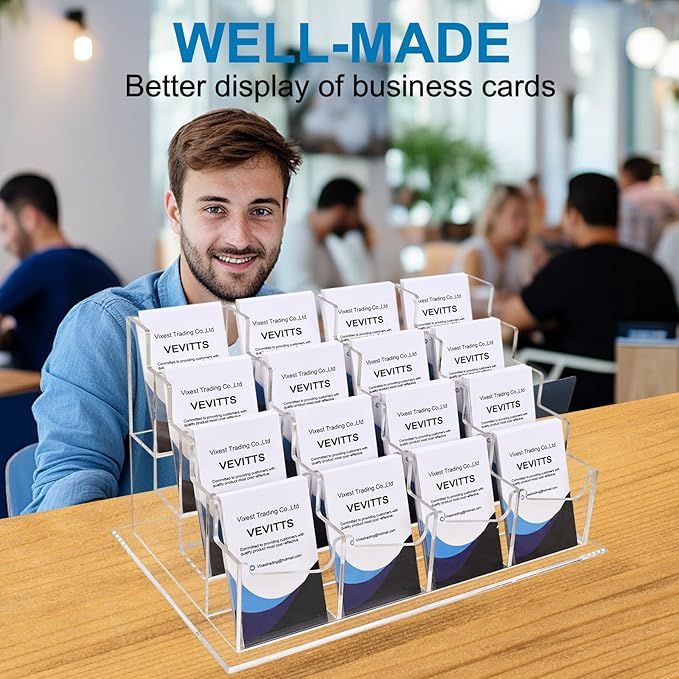 Clear Vertical Business Card Holder for Desk, Office Acrylic Business Card Display Holder Desktop Organizer Storage Cards Holders, Clear 4 Tiers 16 Pockets-DeskLoop Office