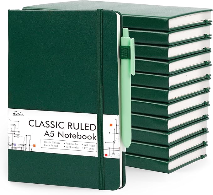 feela 12 Pack Notebooks Journals Bulk with 12 Black Pens, A5 Hardcover Notebook Classic Ruled Journal Set with Pen Holder for School Business Work Travel Writing, 120 GSM, 5.1”x8.3”, Dark Green-DeskLoop Office