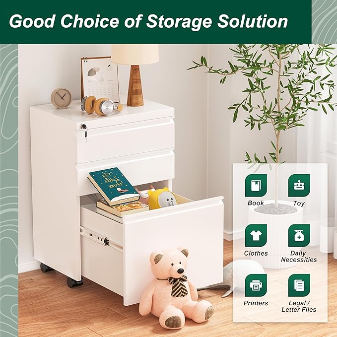 Superday White 3 Drawer Mobile Locking File Cabinet, Metal Rolling Vertical Filing Cabinet with Drawers, Small Under Desk File Cabinets for Office and Home, Fully Assemble-DeskLoop Office