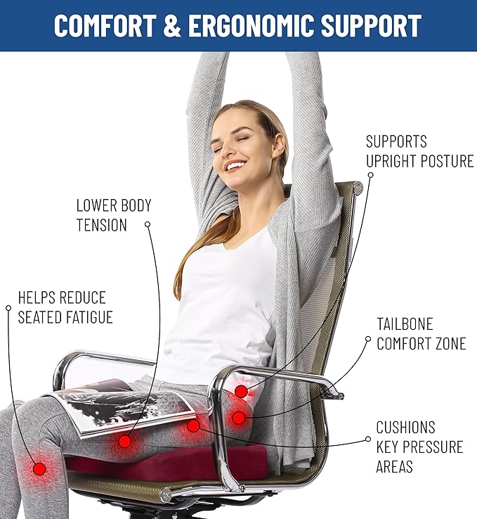 Everlasting Comfort Doctor Recommended Memory Foam Seat Cushion for Office Chairs & Car Seat - Ergonomic Office Desk Accessories for Tailbone Pain Relief, Sciatica & Back Support-DeskLoop Office