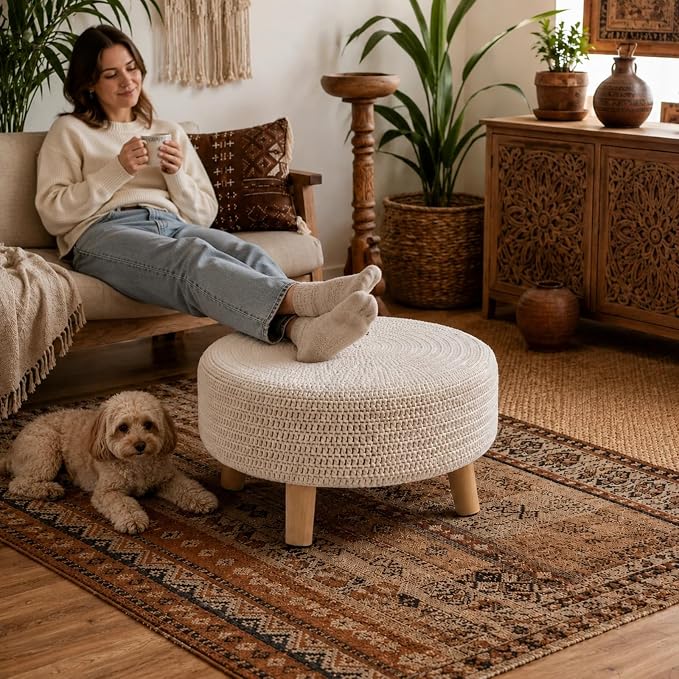 Wimarsbon Pouf Ottoman, 100% Cotton Knitted Boho Footstool, Round Footrest - Image 5