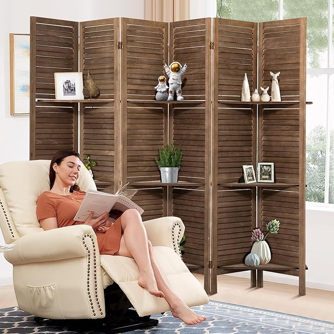 Room Divider with Shelves, 5.6FT Folding Room Divider Panel, 6 Panel Wood Partition Wall Divider for Room Separation, Dark Brown-DeskLoop Office